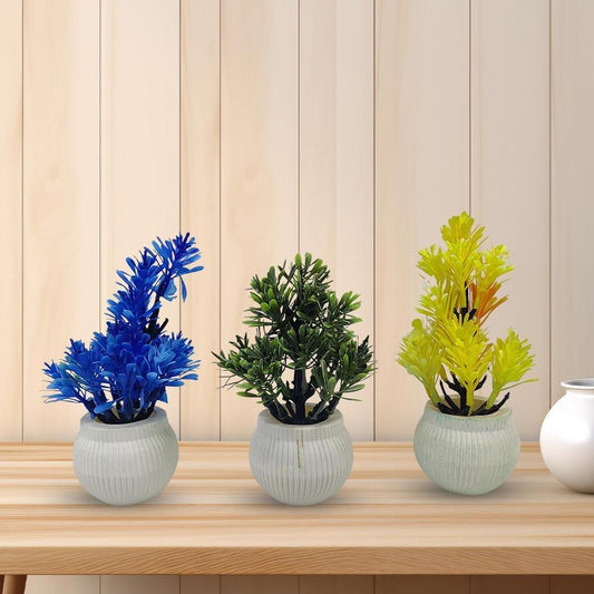 Three potted plants in blue, green, and yellow on a wooden surface with a wooden panel background.